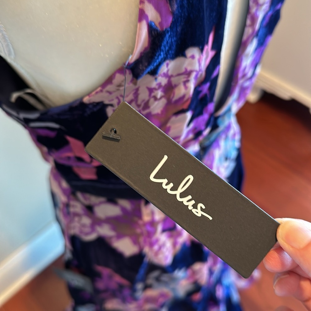 Lulus Crushed Velvet Maxi Dress Blue Purple Florals Size Medium - Picture 10 of 13
